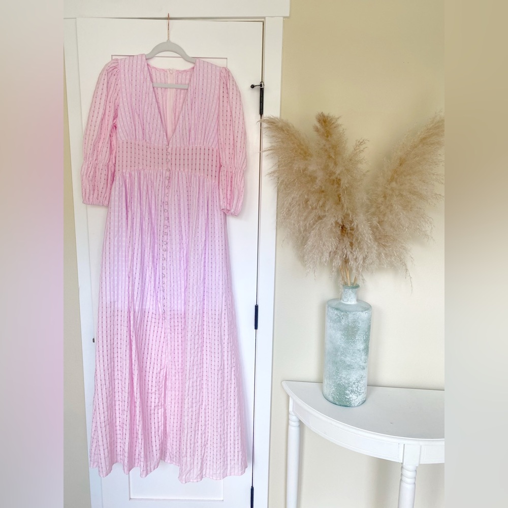 Light pink, striped, maxi dress with fabric buttons